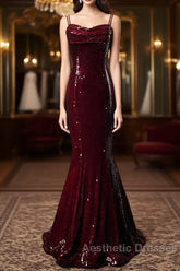 Wine Red Mermaid Straps Long Evening Prom Dresses Party Dresses, Wine Red Sequins Evening Dresses